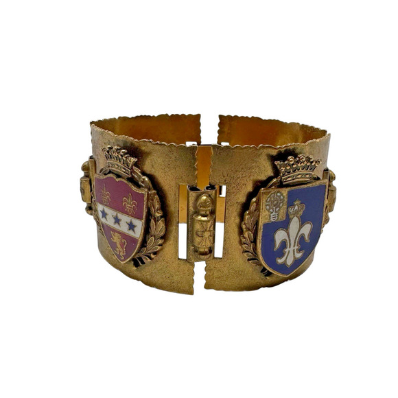 Vintage French WWII Brass Enamel Coat of Arms Link Bracelet 6.75” Approx Shield - Picture 7 of 12